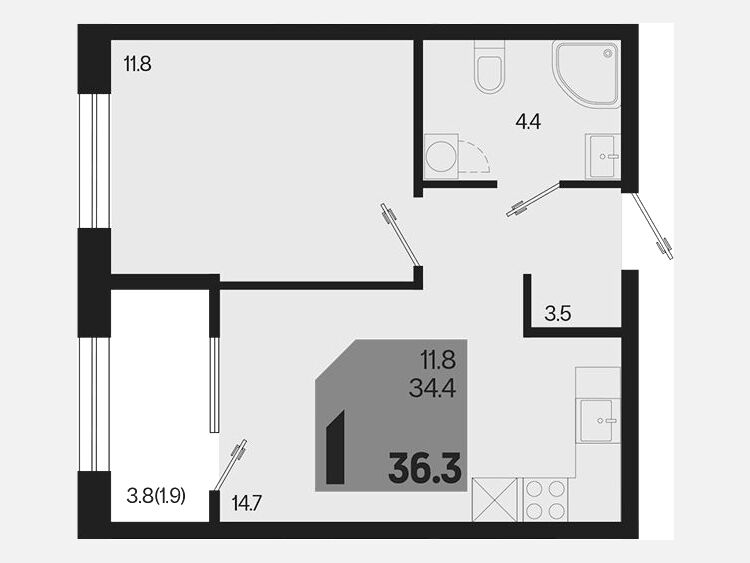1-комнатная квартира, 36.30 м², 2/9 этаж фото 0