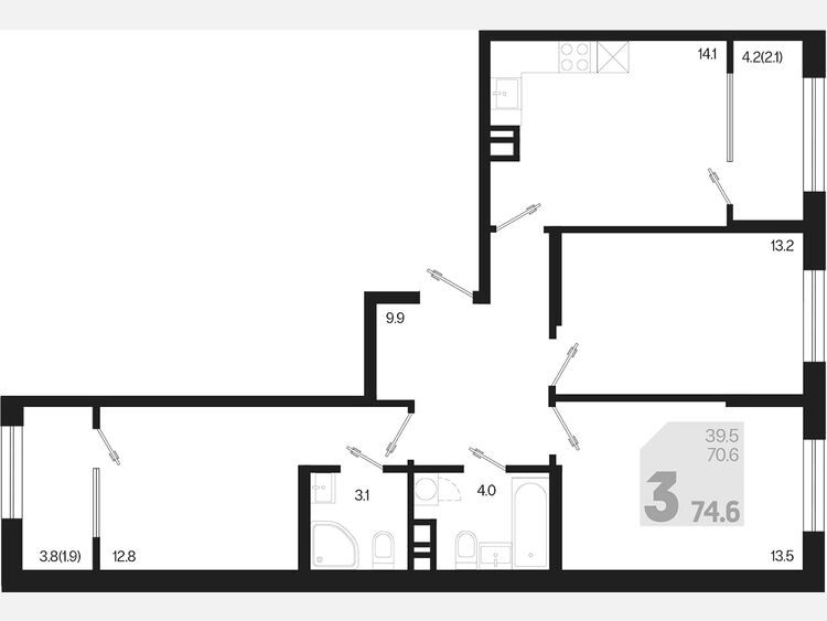 3-комнатная квартира, 74.60 м², 7/9 этаж фото 0
