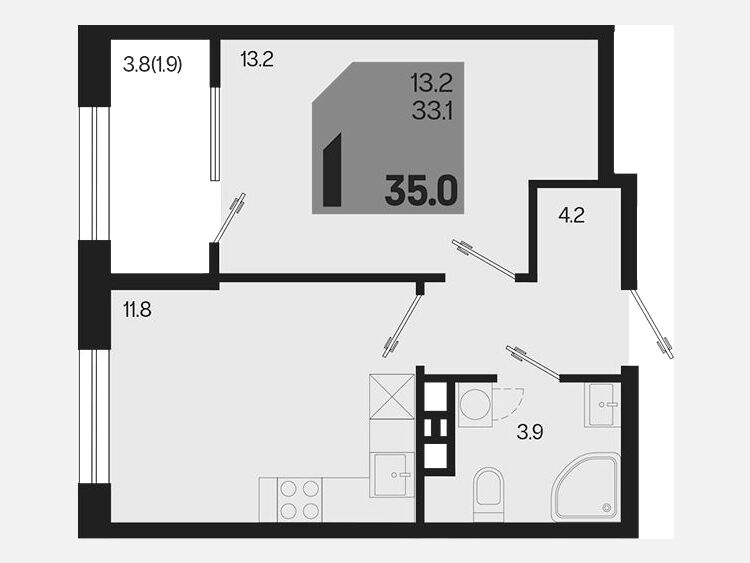 1-комнатная квартира, 35 м², 4/9 этаж фото 0