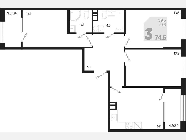 3-комнатная квартира, 74.60 м², 4/9 этаж фото 0