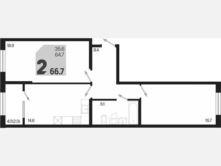 2-комнатная квартира, 66.70 м², 2/18 этаж фото 0