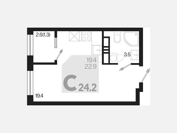 Студия, 24.20 м², 12/18 этаж фото 0