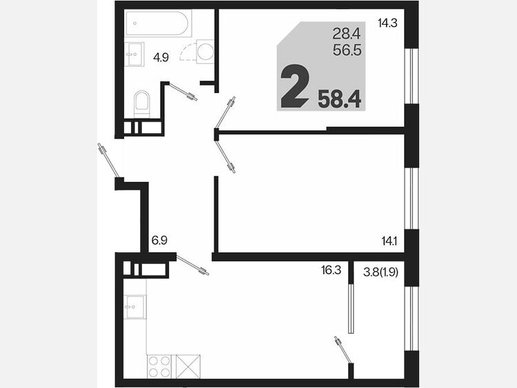 3-комнатная квартира, 58.40 м², 18/18 этаж фото 0