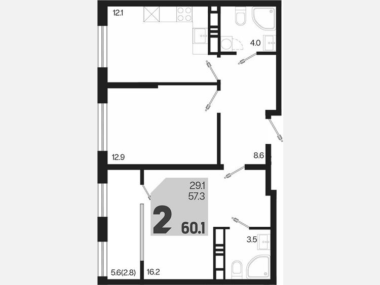 2-комнатная квартира, 60.10 м², 18/18 этаж фото 0