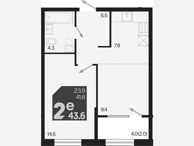 2-комнатная квартира, 43.60 м², 2/9 этаж фото 0