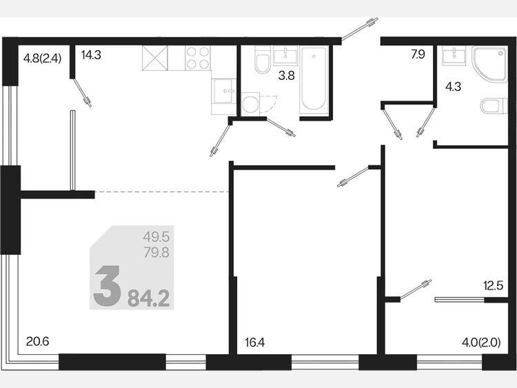 3-комнатная квартира, 84.20 м², 2/9 этаж фото 0
