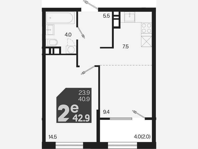 2-комнатная квартира, 42.90 м², 5/9 этаж фото 0