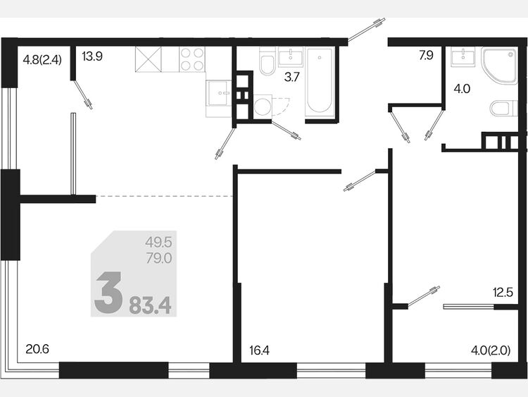3-комнатная квартира, 83.40 м², 5/9 этаж фото 0