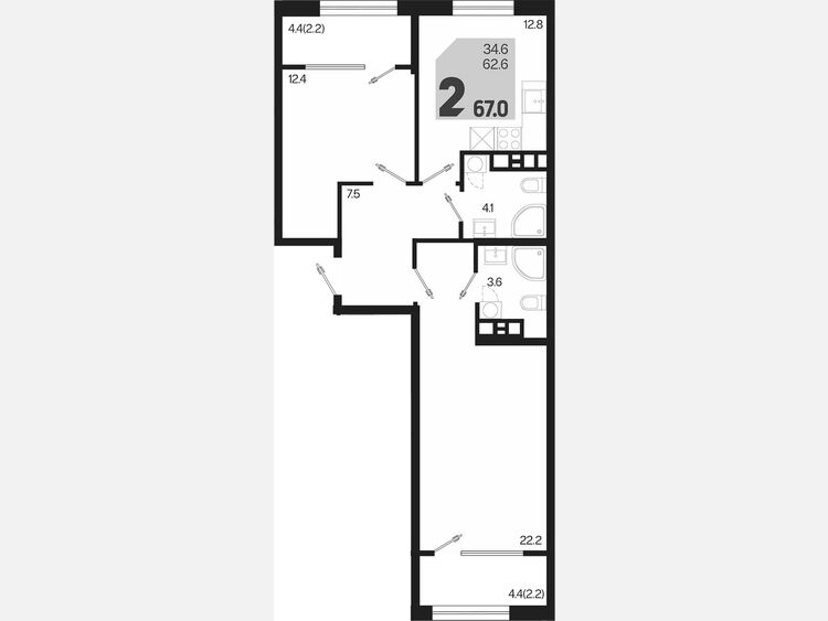 2-комнатная квартира, 67 м², 9/9 этаж фото 0